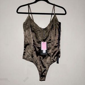 PrettyLittleThing olive satin thong bodysuit with lace trim